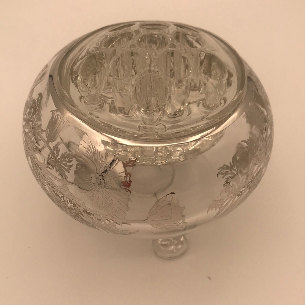 VTG 50s Viking Glass Flowerite Frog‎ w/Flanders Poppies Sterling Silver Overlay